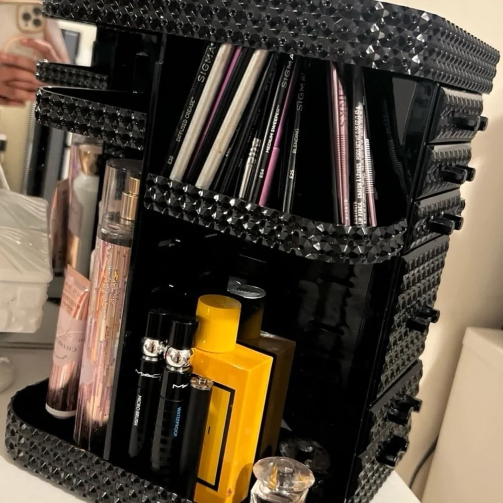 Elegant Rotating Black Crystal Makeup Organizer